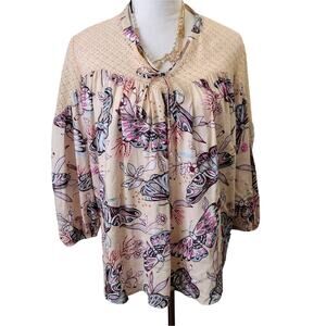a.n.a. Crotchet Butterfly Print Top Sz Large Creme Blush Flowy Blouse